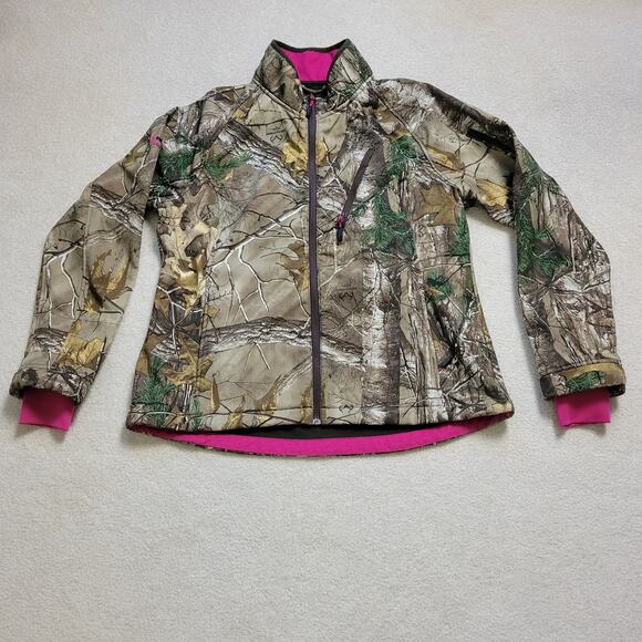 Realtree Women's XL 46-48 Camo Full Zip Soft Shell Lined Pink Trim Jacket - Picture 1 of 16